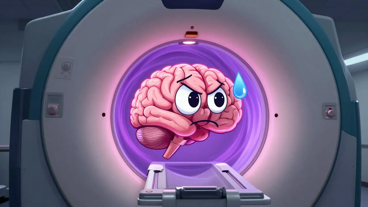Nervous cartoon brain inside an MRI machine with colorful swirls