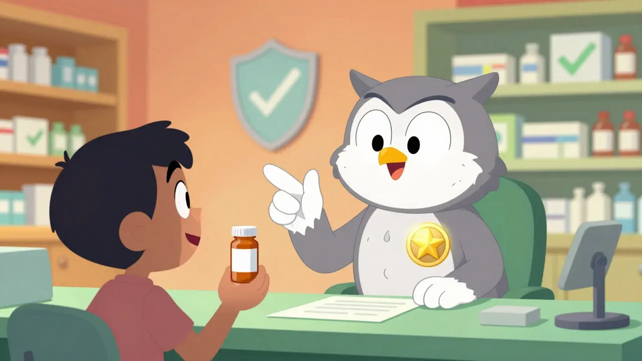 Owl pharmacist advising a happy patient about safe medication choices