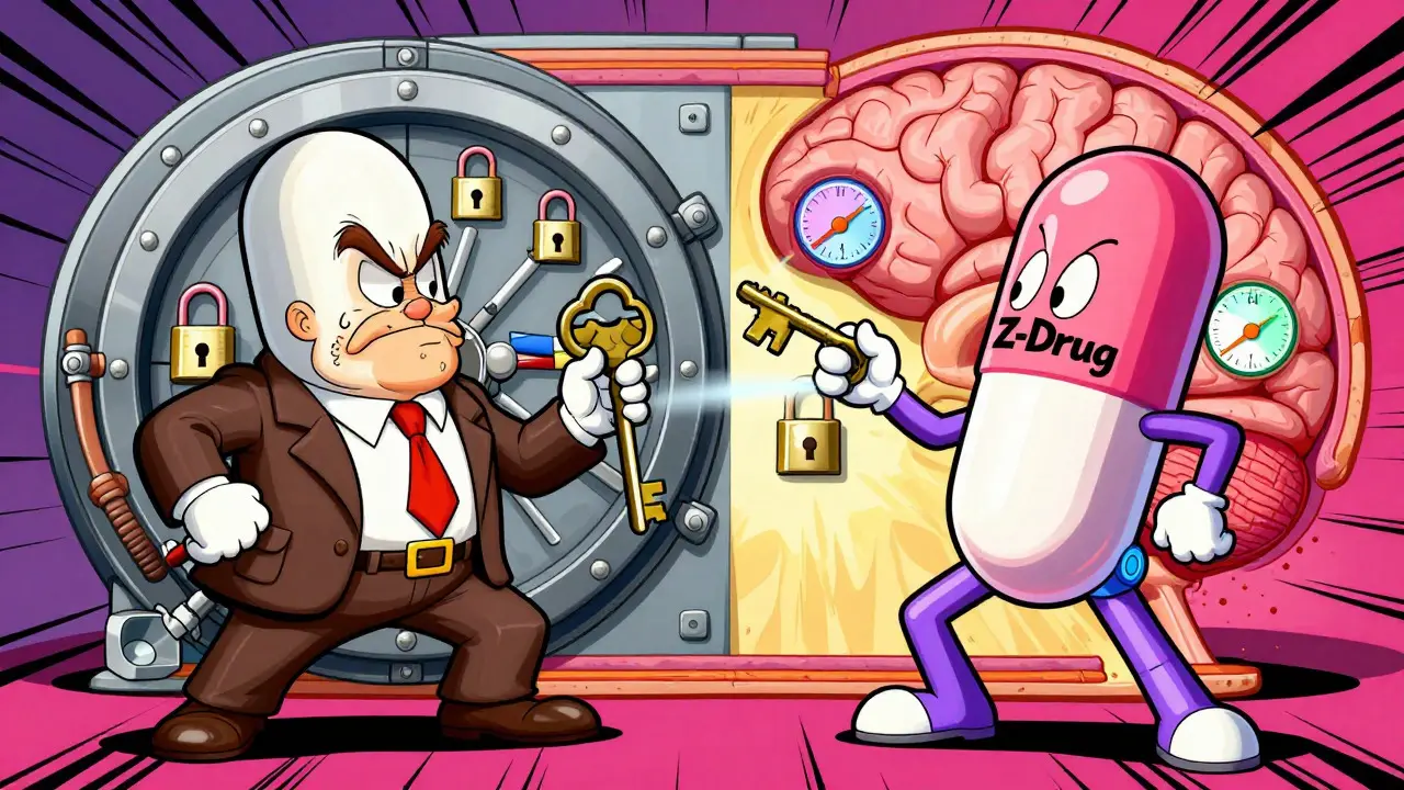 Two anthropomorphic pills representing benzos and Z-drugs facing off