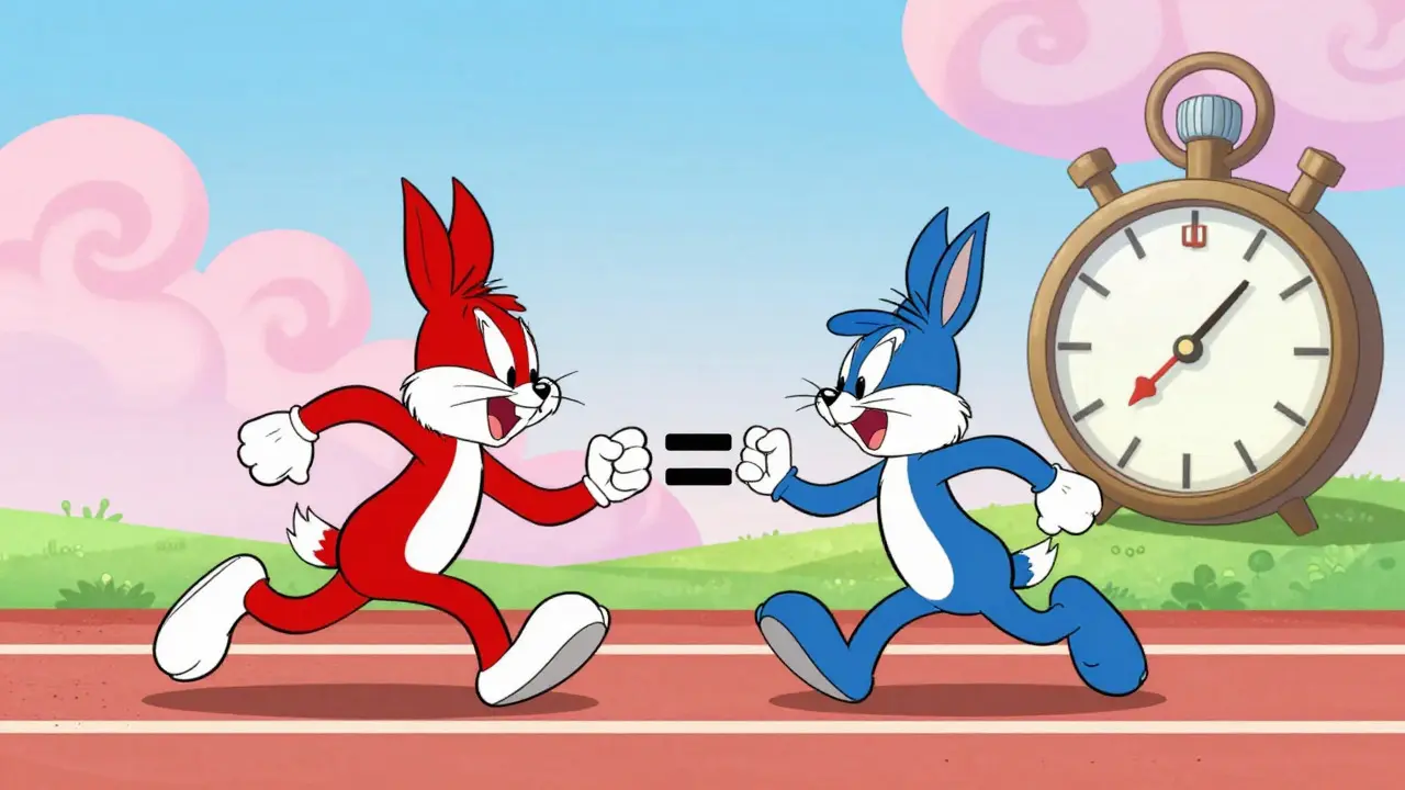 Two cartoon characters racing side-by-side to represent drug equivalence