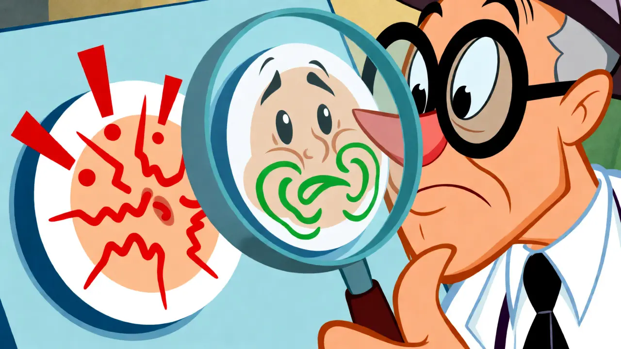 Cartoon doctor examining rash versus nausea symptoms with magnifying glass
