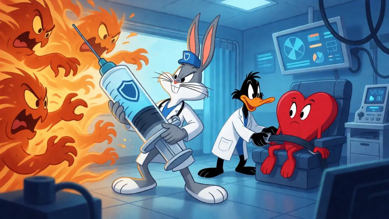 Doctor blocking hormone surge in a stylized ICU setting