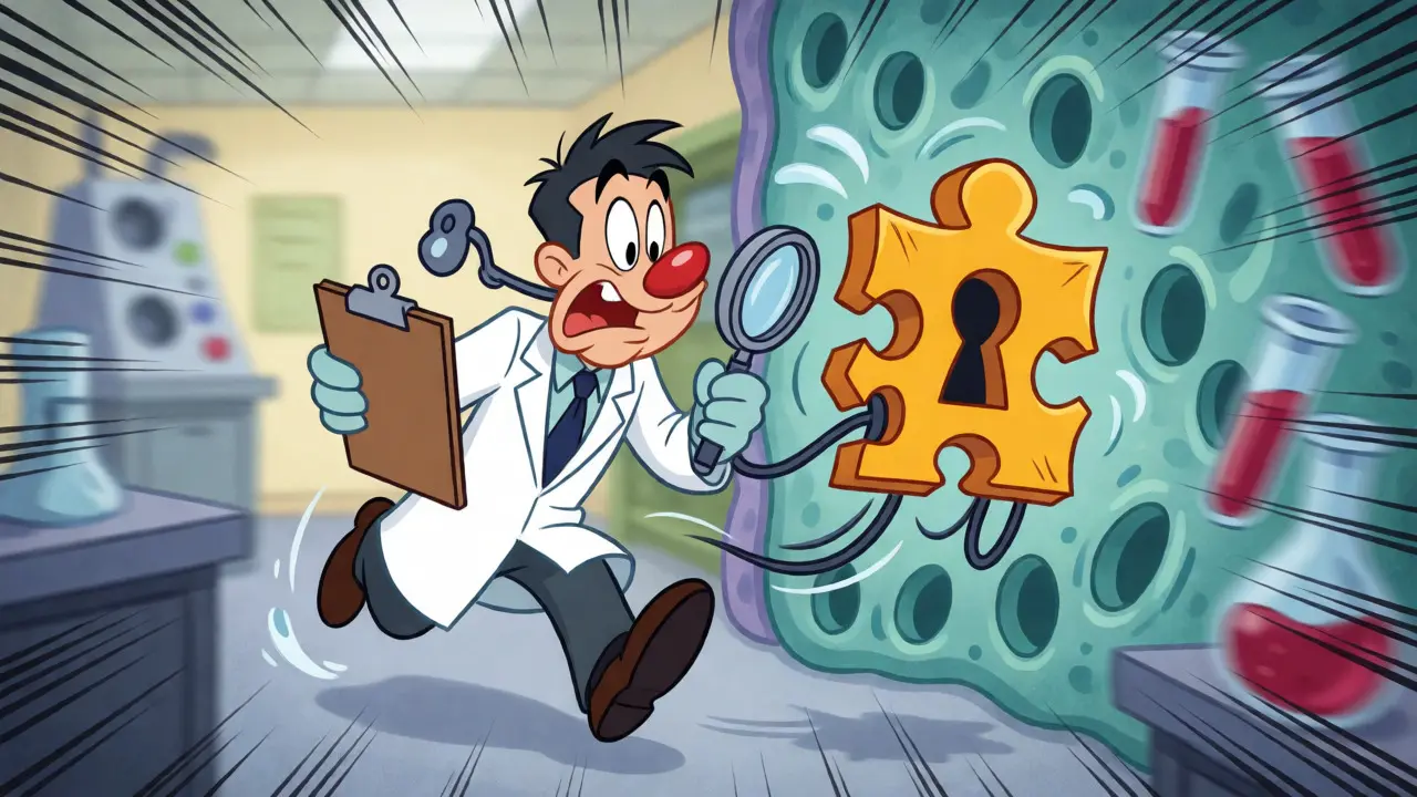 Doctor chasing a misfitting molecule in a chaotic laboratory scene.