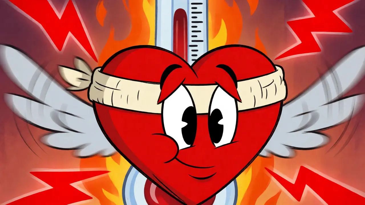 Exhausted cartoon heart racing wildly with heat indicators
