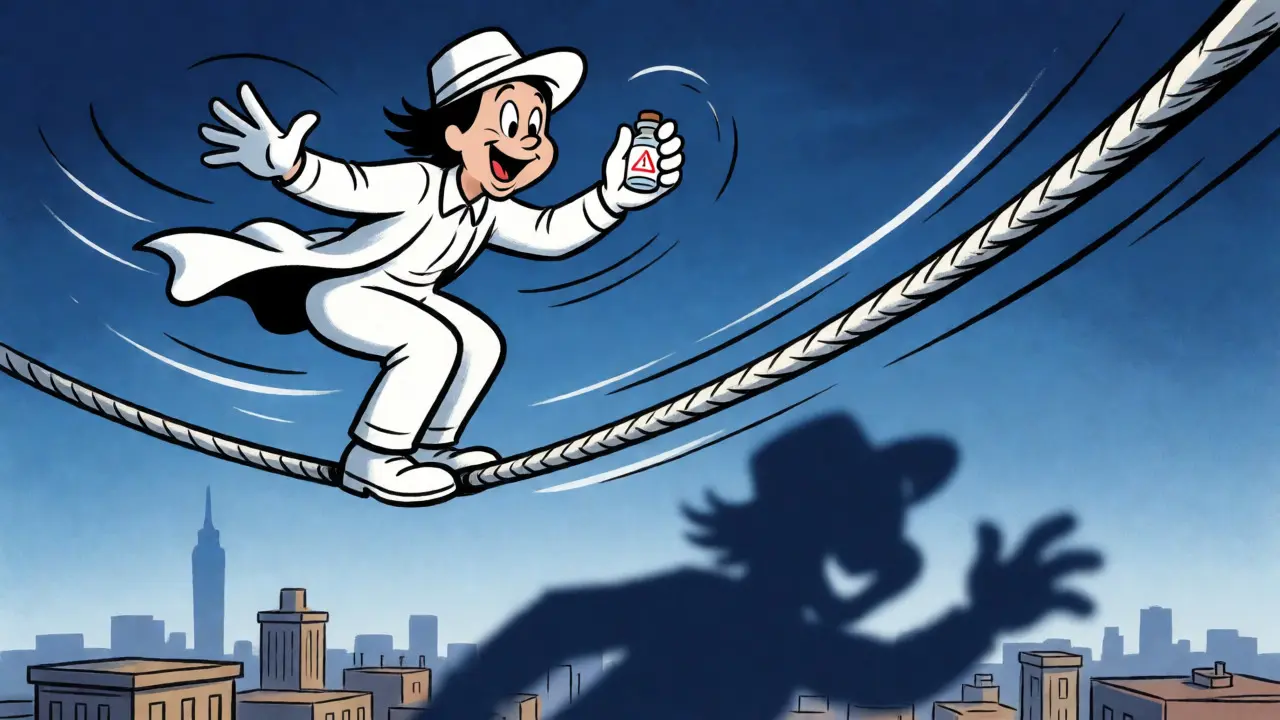 Tightrope walker balancing a medicine vial over a dangerous drop.